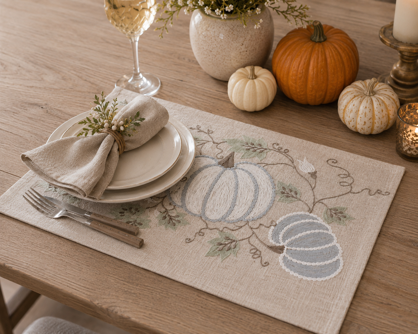 XD19806 Harvest Pumpkins and Vines Crewel Embroidered Placemat Set of 4 14x20 Double Layer Linen Blend