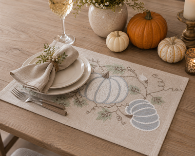XD19806 Harvest Pumpkins and Vines Crewel Embroidered Placemat Set of 4 14x20 Double Layer Linen Blend