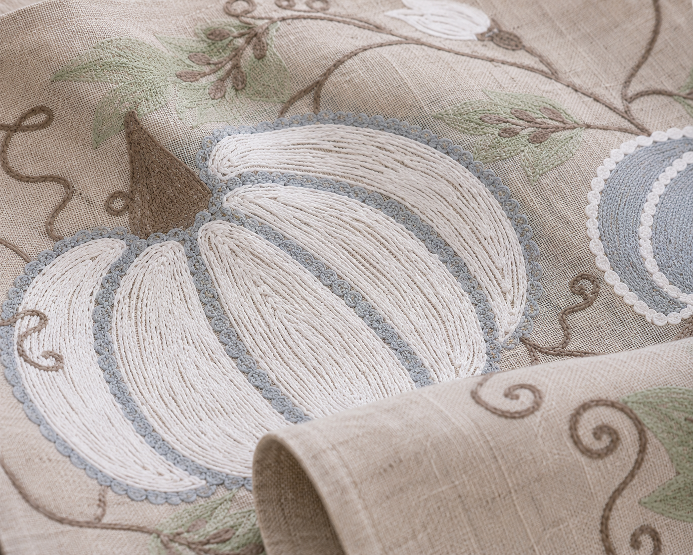XD19806 Harvest Pumpkins and Vines Crewel Embroidered Placemat Set of 4 14x20 Double Layer Linen Blend