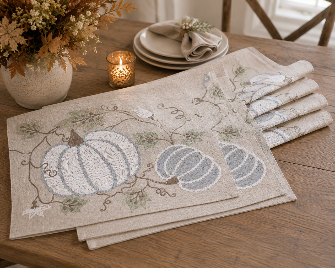 XD19806 Harvest Pumpkins and Vines Crewel Embroidered Placemat Set of 4 14x20 Double Layer Linen Blend