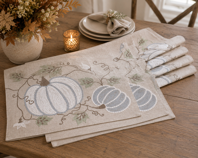 XD19806 Harvest Pumpkins and Vines Crewel Embroidered Placemat Set of 4 14x20 Double Layer Linen Blend