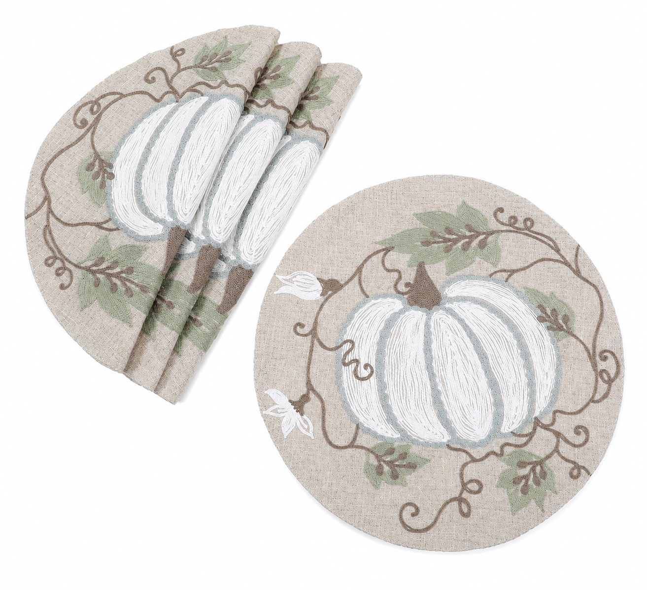 XD19806 Harvest Pumpkins and Vines Crewel Embroidered Round Placemat Set of 4 16 Double Layer Linen Blend