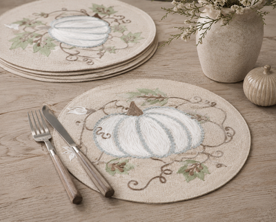 XD19806 Harvest Pumpkins and Vines Crewel Embroidered Round Placemat Set of 4 16 Double Layer Linen Blend