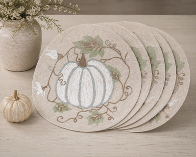 XD19806 Harvest Pumpkins and Vines Crewel Embroidered Round Placemat Set of 4 16 Double Layer Linen Blend