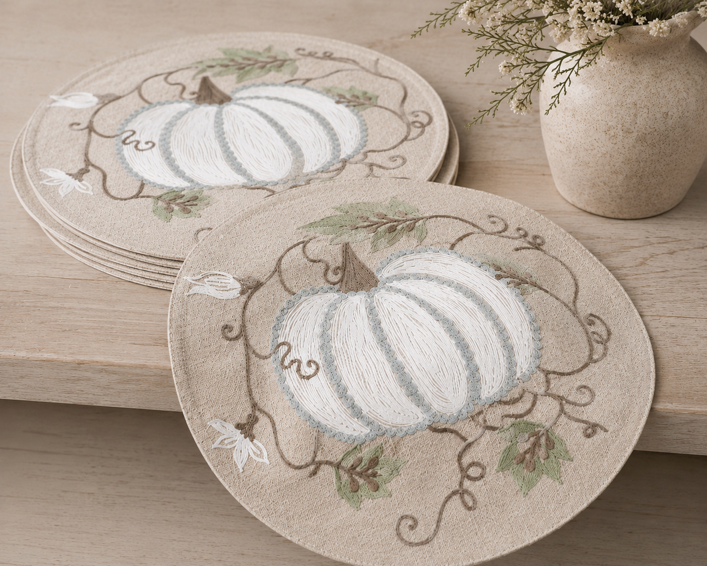 XD19806 Harvest Pumpkins and Vines Crewel Embroidered Round Placemat Set of 4 16 Double Layer Linen Blend