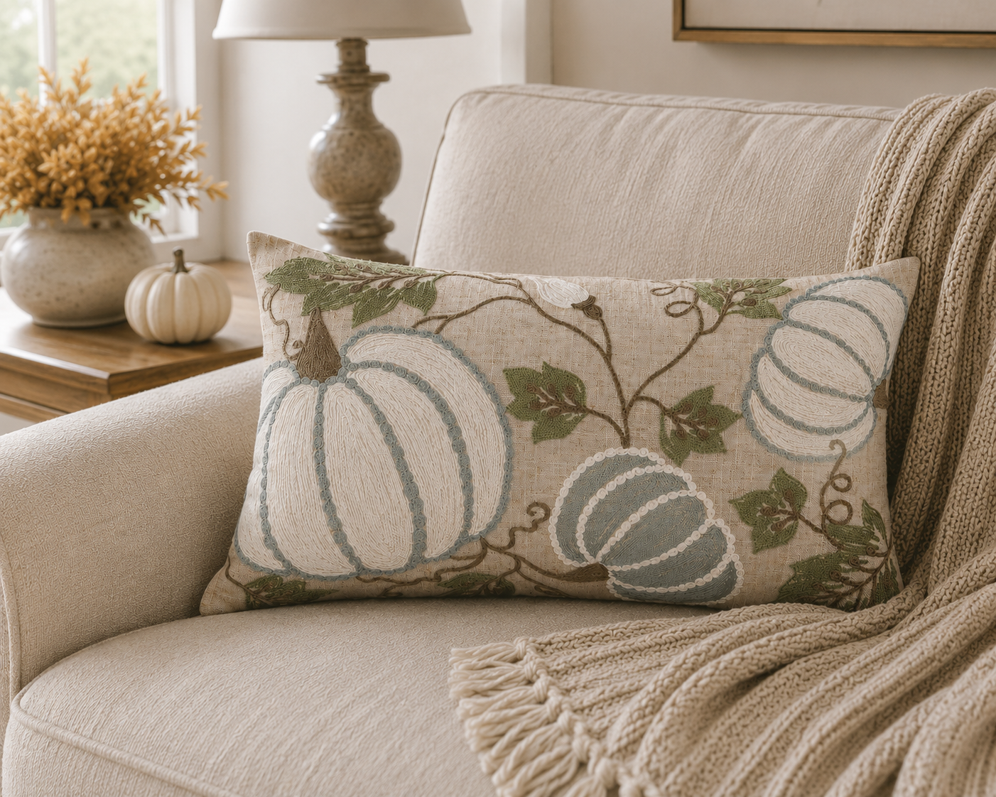 XD19806 Harvest Pumpkins and Vines Crewel Embroidered Pillow 14x14 Linen Blend