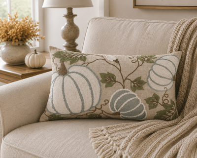 XD19806 Harvest Pumpkins and Vines Crewel Embroidered Pillow 14x14 Linen Blend