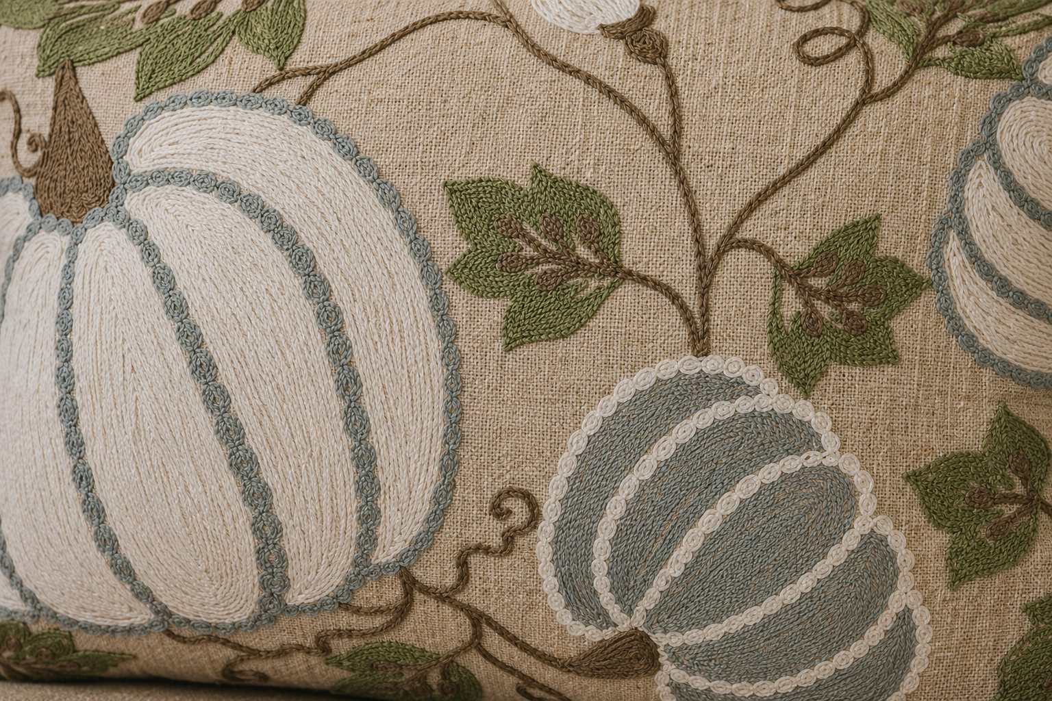 XD19806 Harvest Pumpkins and Vines Crewel Embroidered Pillow 14x14 Linen Blend