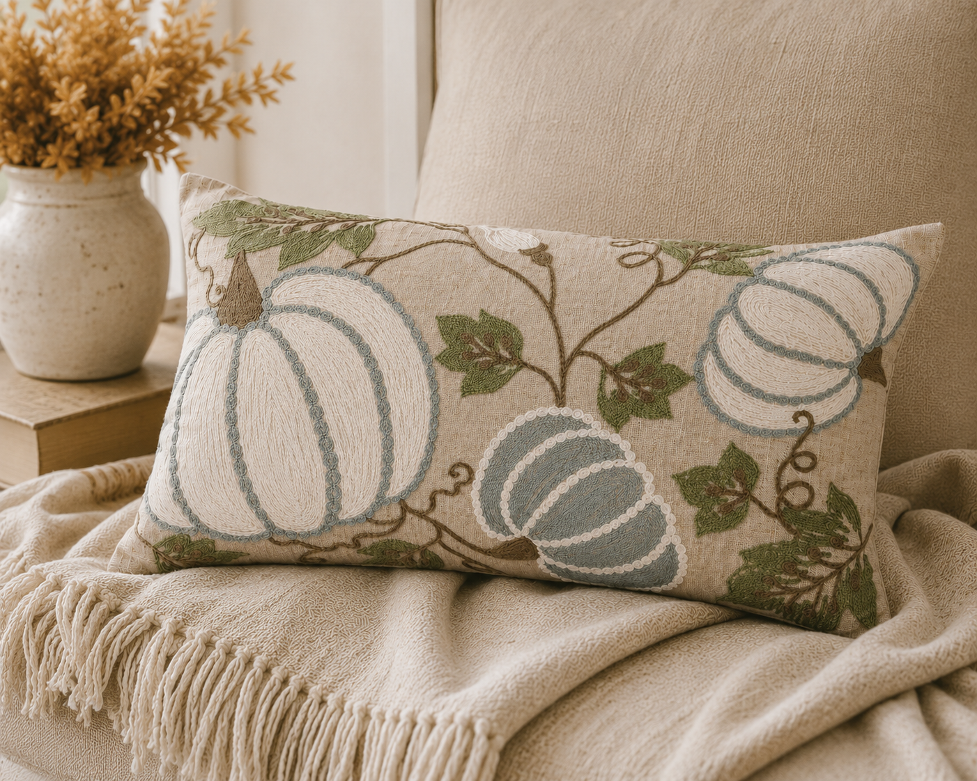XD19806 Harvest Pumpkins and Vines Crewel Embroidered Pillow 14x14 Linen Blend