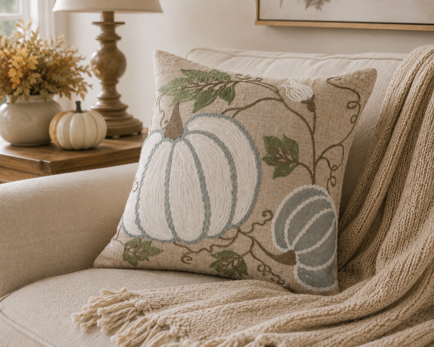 XD19806 Harvest Pumpkins and Vines Crewel Embroidered Pillow 14x14 Linen Blend