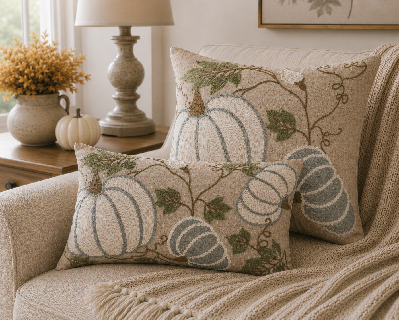 XD19806 Harvest Pumpkins and Vines Crewel Embroidered Pillow 14x14 Linen Blend