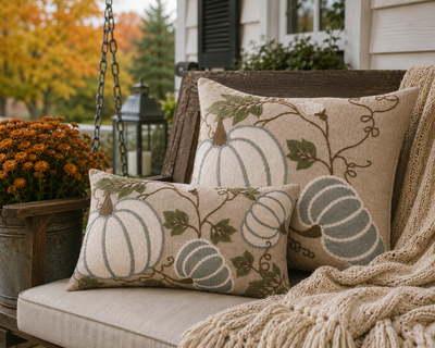 XD19806 Harvest Pumpkins and Vines Crewel Embroidered Pillow 14x14 Linen Blend