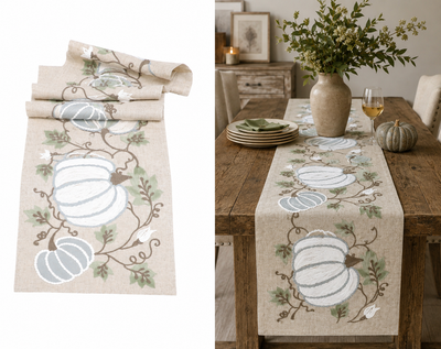 XD19806 Harvest Pumpkins and Vines Crewel Embroidered Table Runner 16x36 Double Layer Linen Blend