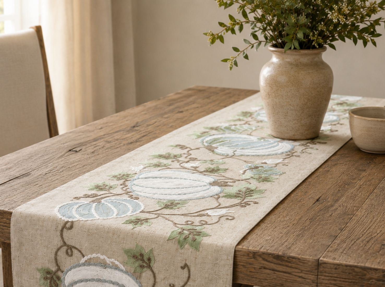 XD19806 Harvest Pumpkins and Vines Crewel Embroidered Table Runner 16x36 Double Layer Linen Blend