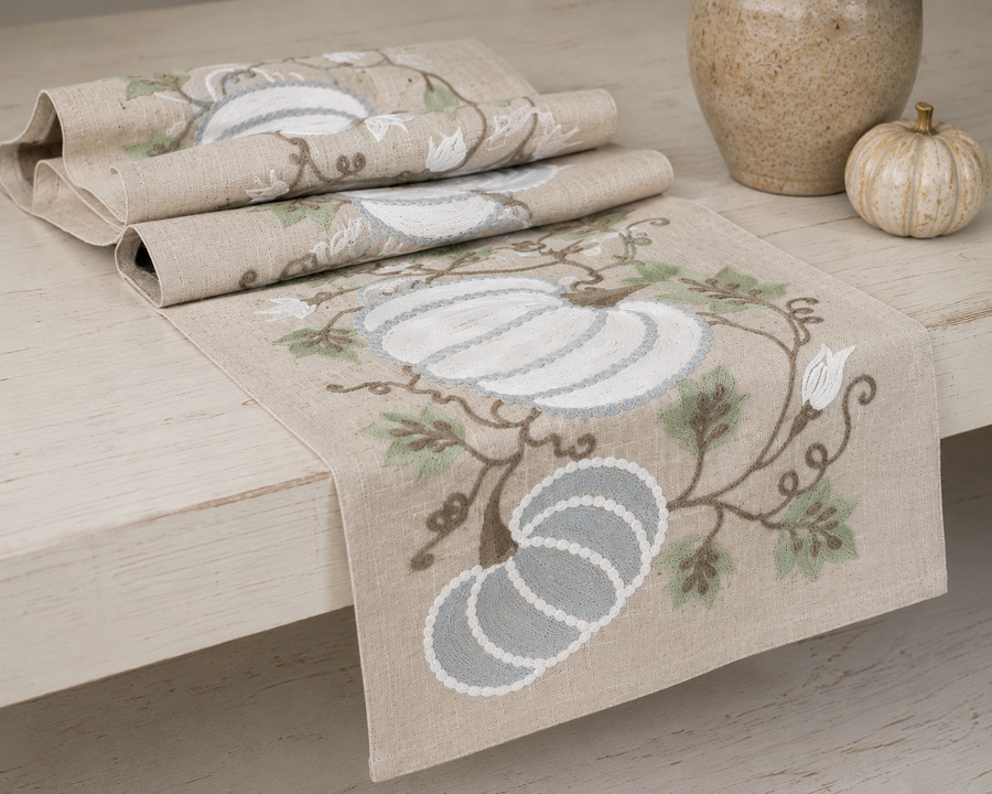 XD19806 Harvest Pumpkins and Vines Crewel Embroidered Table Runner 16x36 Double Layer Linen Blend