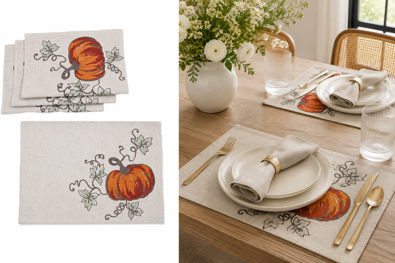 XD19808 Rustic Pumpkin Crewel Embroidered Placemat Set of 4 14x20 Double Layer Linen Blend