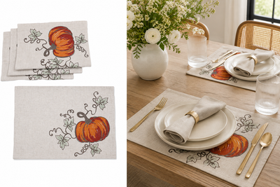 XD19808 Rustic Pumpkin Crewel Embroidered Placemat Set of 4 14x20 Double Layer Linen Blend