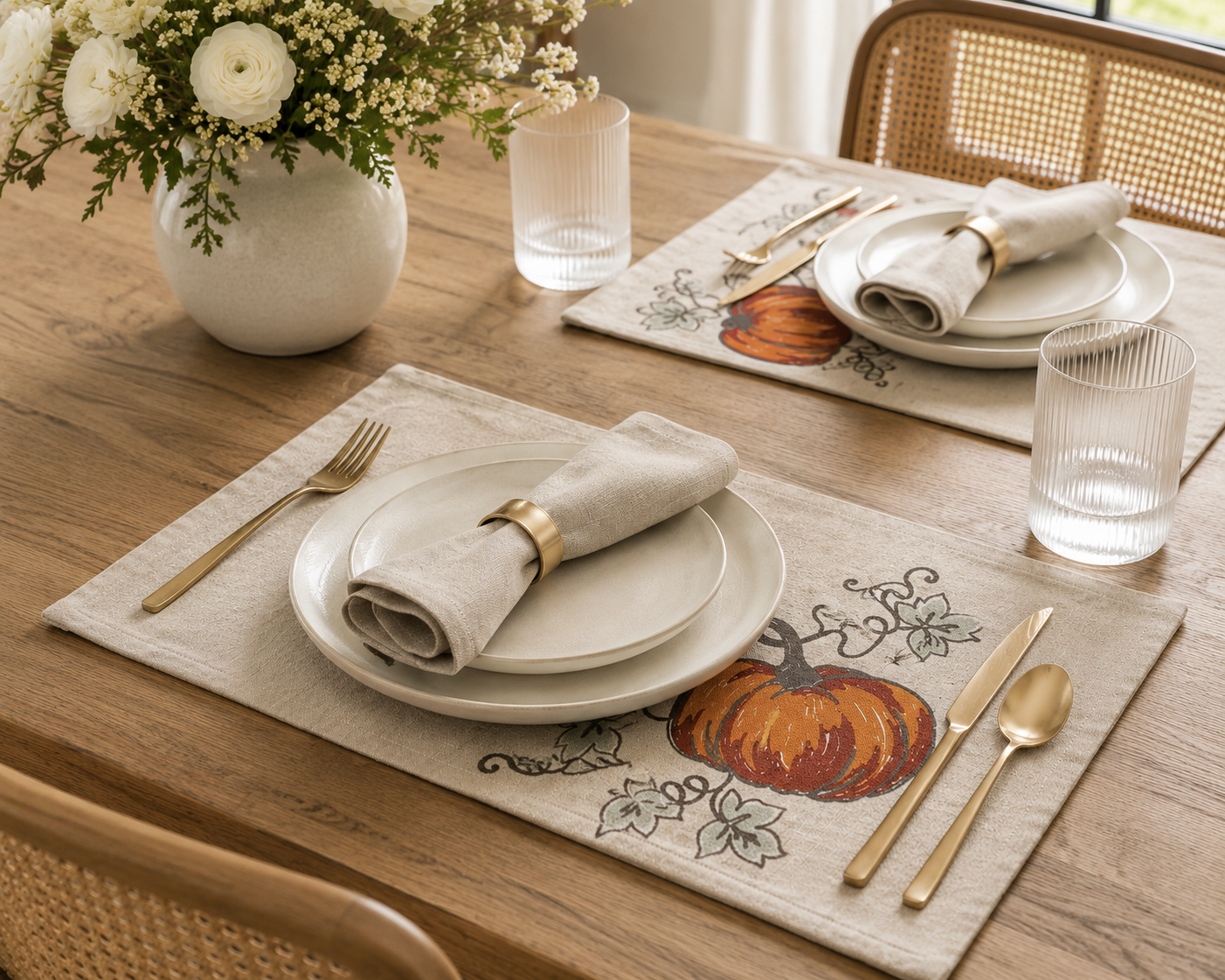 XD19808 Rustic Pumpkin Crewel Embroidered Placemat Set of 4 14x20 Double Layer Linen Blend