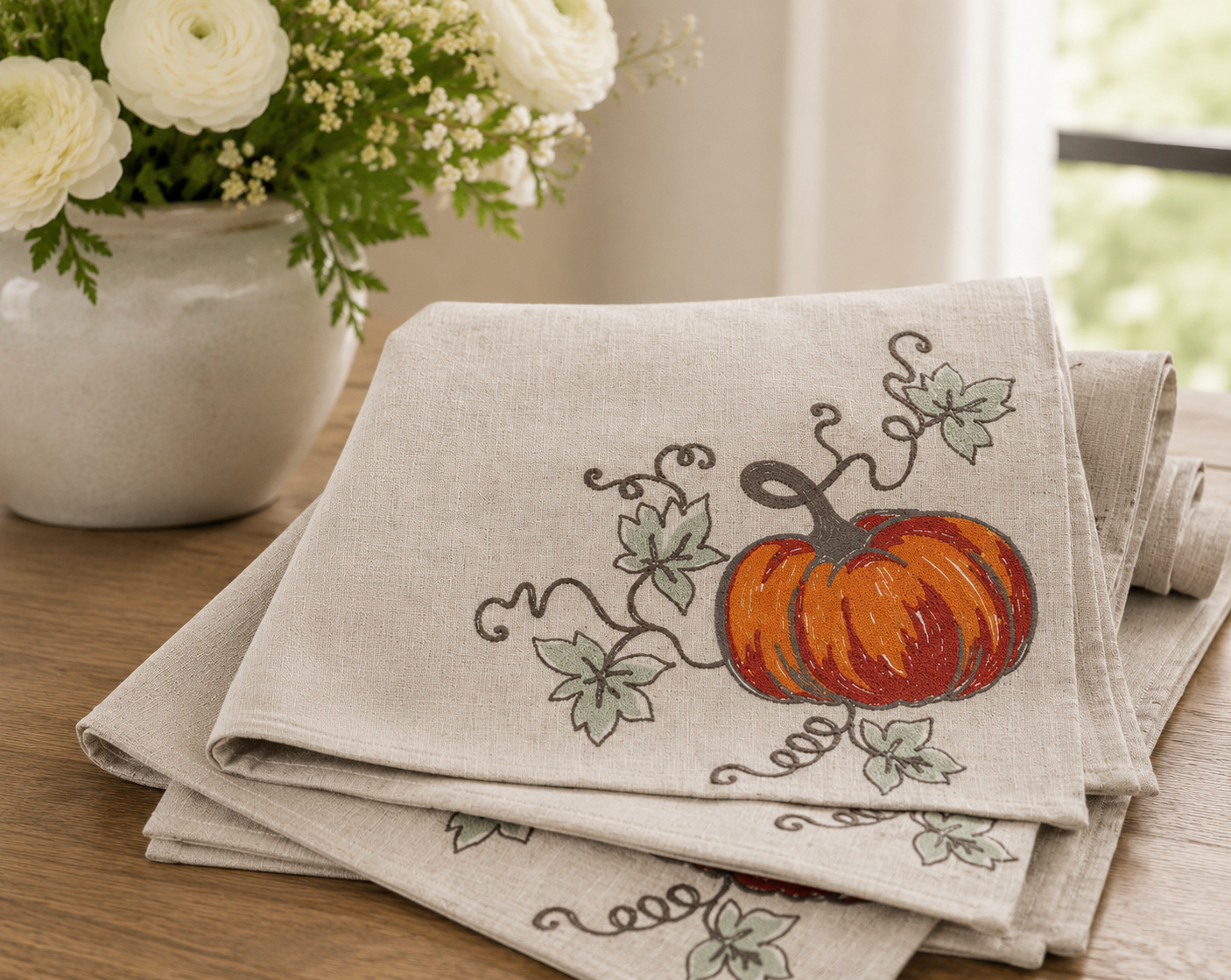 XD19808 Rustic Pumpkin Crewel Embroidered Placemat Set of 4 14x20 Double Layer Linen Blend