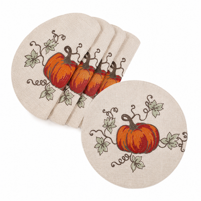 XD19808 Rustic Pumpkin Crewel Embroidered Round Placemat Set of 4 16 Double Layer Linen Blend