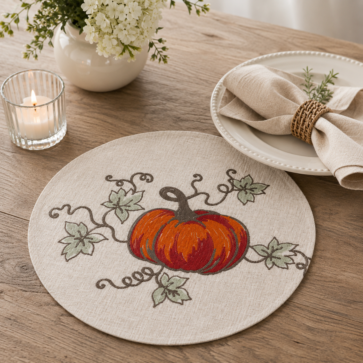 XD19808 Rustic Pumpkin Crewel Embroidered Round Placemat Set of 4 16 Double Layer Linen Blend