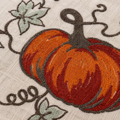 XD19808 Rustic Pumpkin Crewel Embroidered Round Placemat Set of 4 16 Double Layer Linen Blend
