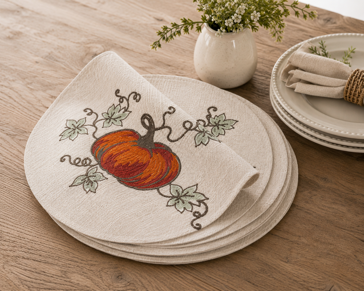 XD19808 Rustic Pumpkin Crewel Embroidered Round Placemat Set of 4 16 Double Layer Linen Blend