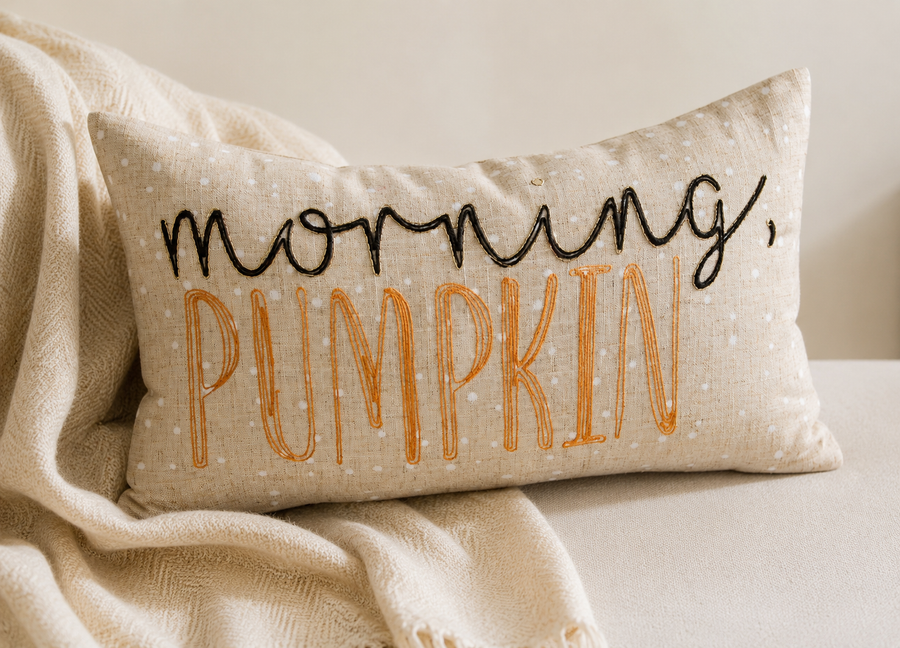 XD21022P1220 Morning Pumpkin Embroidered Harvest Pillow 12x20 Polyester Linen Blend