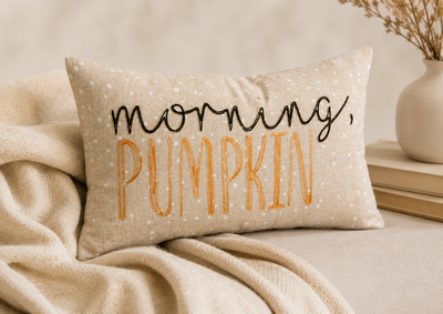 XD21022P1220 Morning Pumpkin Embroidered Harvest Pillow 12x20 Polyester Linen Blend