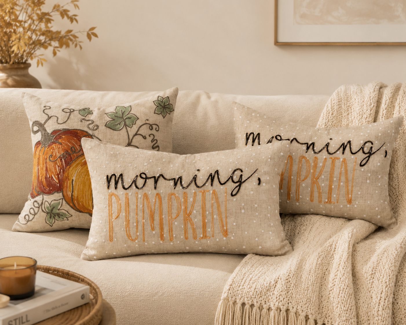 XD21022P1220 Morning Pumpkin Embroidered Harvest Pillow 12x20 Polyester Linen Blend