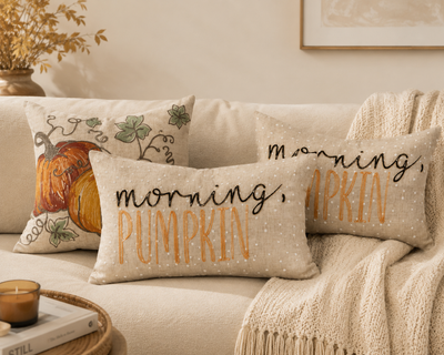 XD21022P1220 Morning Pumpkin Embroidered Harvest Pillow 12x20 Polyester Linen Blend