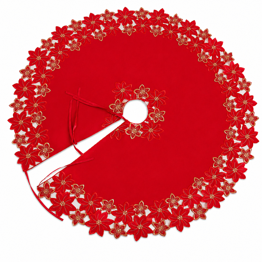 Festive Poinsettia Red Poliviscose Tree Skirt