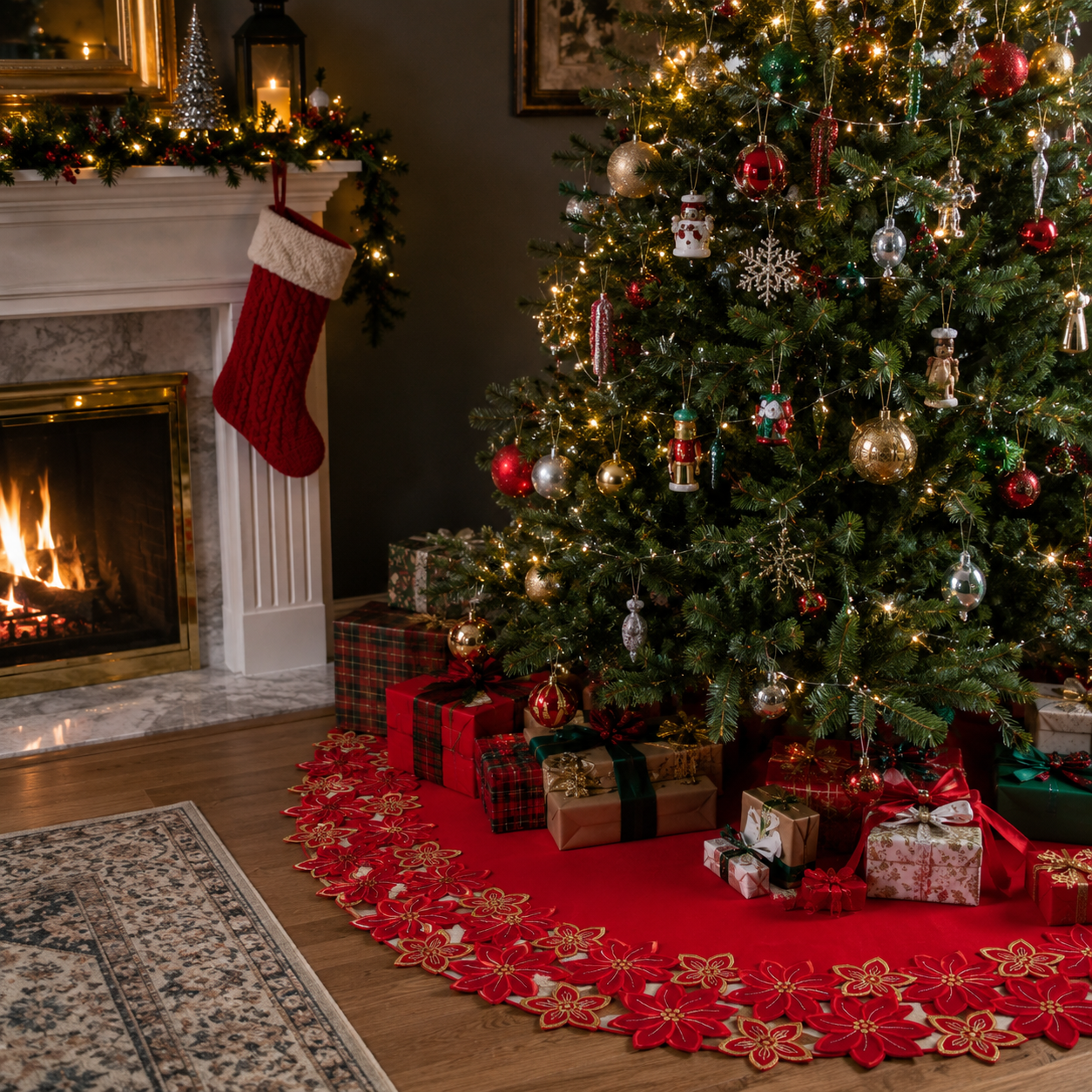 Festive Poinsettia Red Poliviscose Tree Skirt