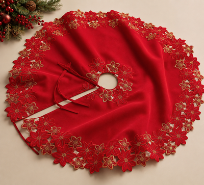 Festive Poinsettia Red Poliviscose Tree Skirt