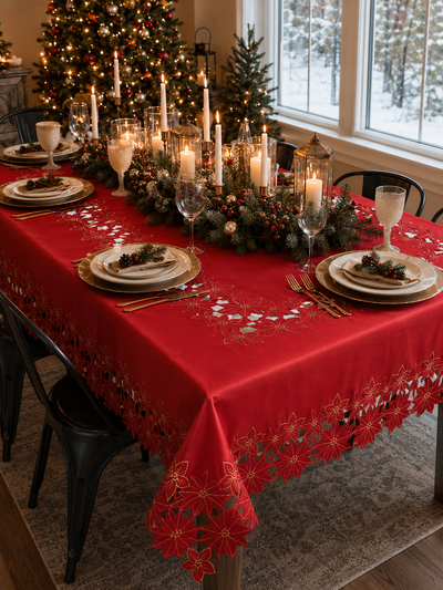 XD795022 Festive Poinsettia Tablecloth 60x84 Red Poliviscose