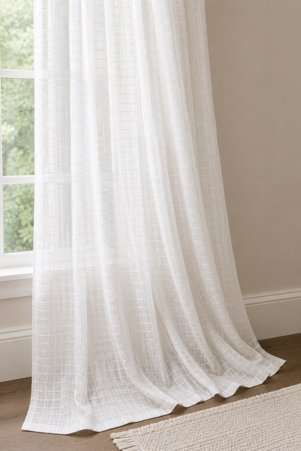 ML16249 Isa Plaid Sheer Rod Pocket Curtain Panel 52x108 White Polyester