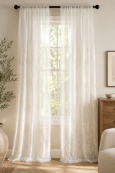 ML16229 Ella Embroidered Sheer Rod Pocket Curtain Panel 52x108 White Polyester