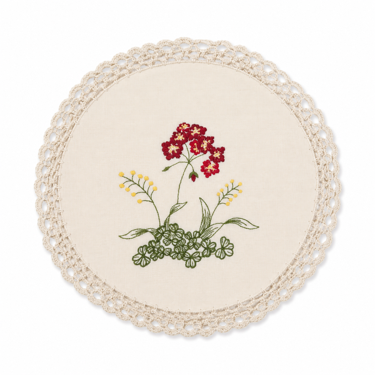Xia Home Fashions Embroidered Floral Crochet Trim Round Doilies 12" Set of 4 Beige
