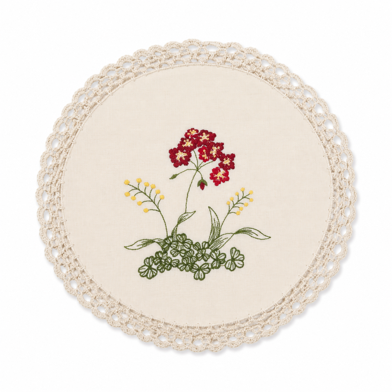 Xia Home Fashions Embroidered Floral Crochet Trim Round Doilies 12" Set of 4 Beige