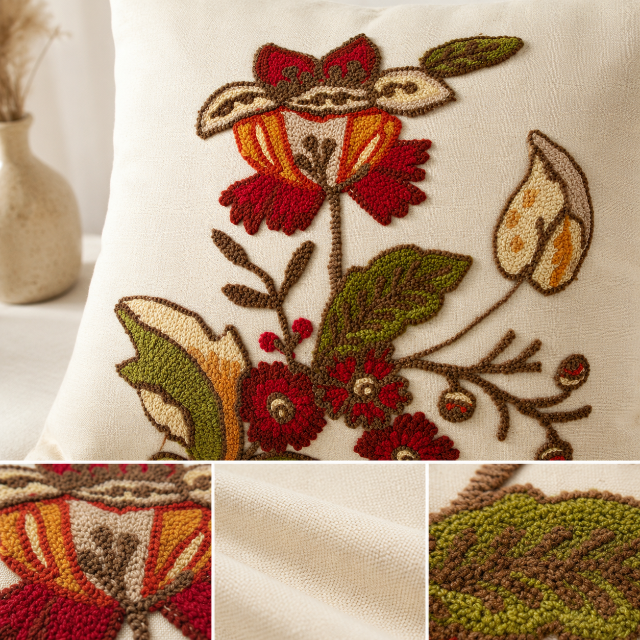 Crewel Embroidered Floral Pillows