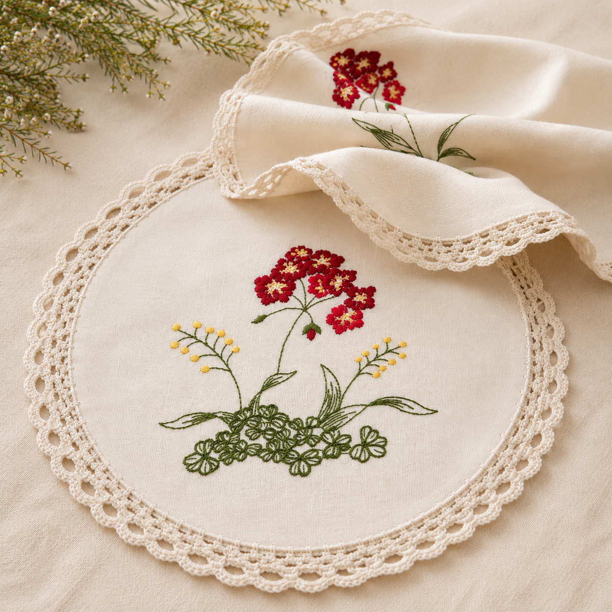 Xia Home Fashions Embroidered Floral Crochet Trim Round Doilies 12" Set of 4 Beige
