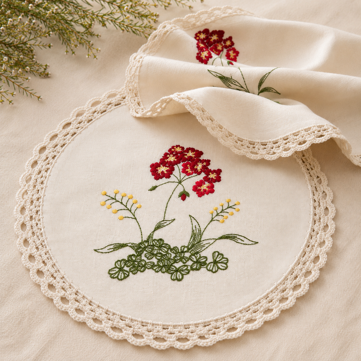 Xia Home Fashions Embroidered Floral Crochet Trim Round Doilies 12" Set of 4 Beige