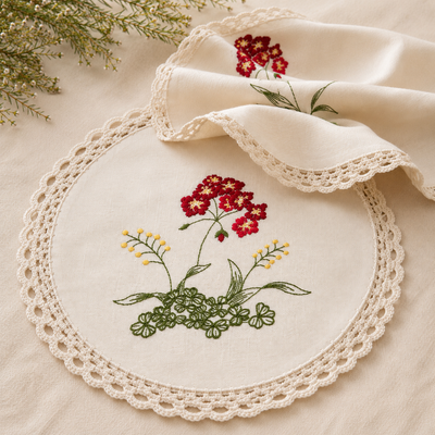 Xia Home Fashions Embroidered Floral Crochet Trim Round Doilies 12" Set of 4 Beige