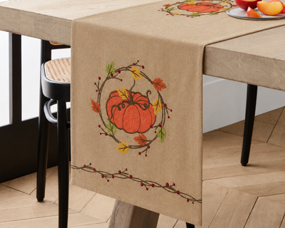 ML16351 Rustic Pumpkin Wreath Embroidered Polyester Table Runner 13x36