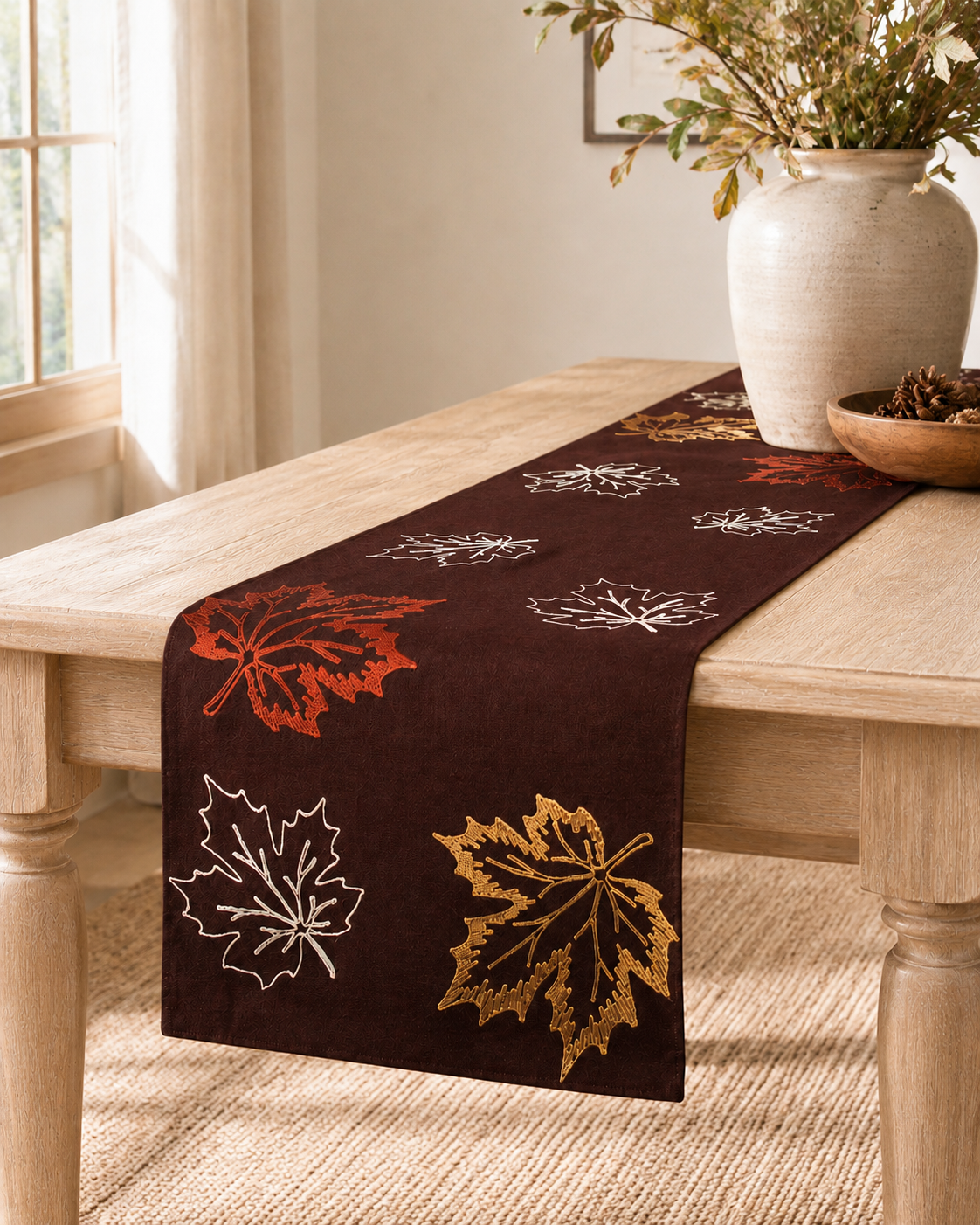 XD17143 Rustic Autumn Embroidered Table Runner Coffee 16x36