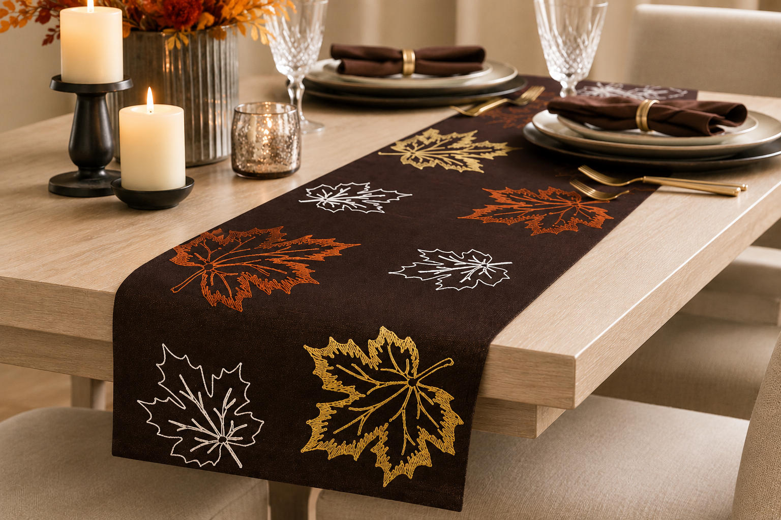 XD17143 Rustic Autumn Embroidered Table Runner Coffee 16x36