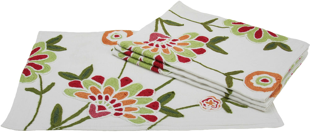 MANOR LUXE Flora Linens Crewel Embroidered Floral Placemats Set of 4, 14x20, Blue