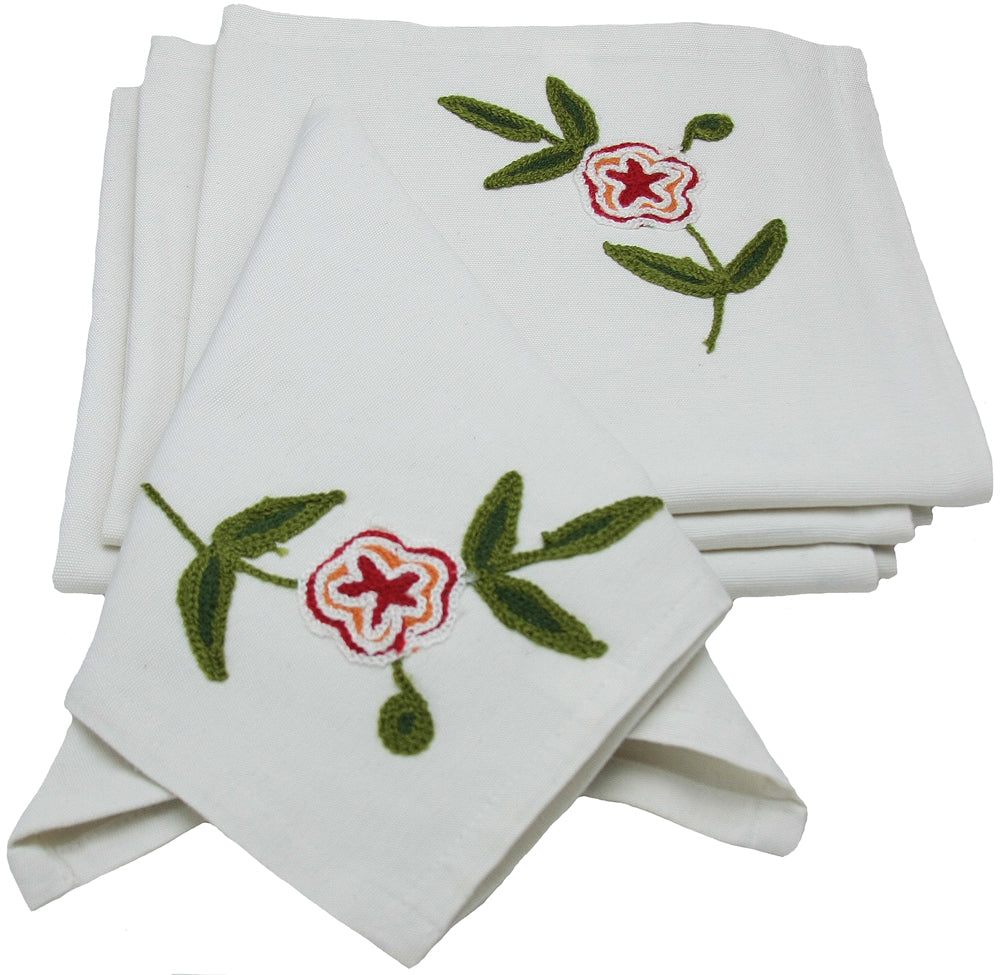 ML12019 Crewel embroidered Flora Napkins, 21"x21", Set of 4