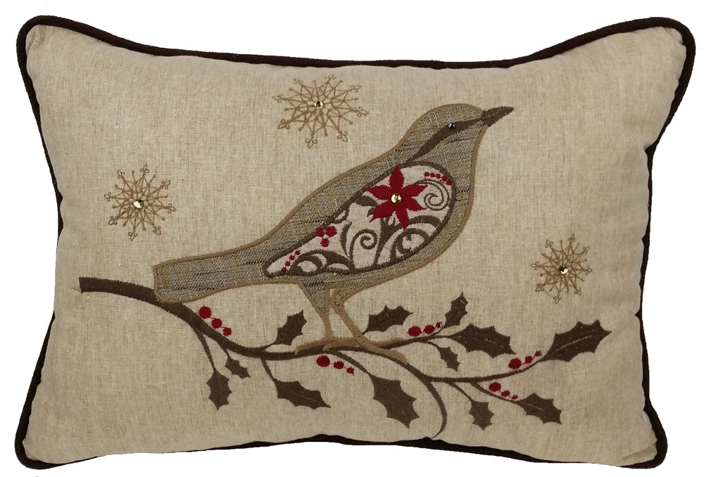 ML14869A Holiday Bird on Twig Embroidered Pillow 13x18
