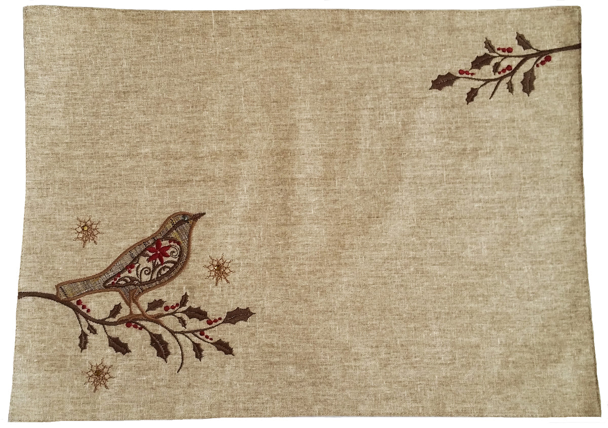 ML14869C Holiday Bird on Twig Embroidered Placemat 13x18